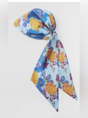 Zara Floral Satin Hair Scarf - Blue, Yellow & Purple